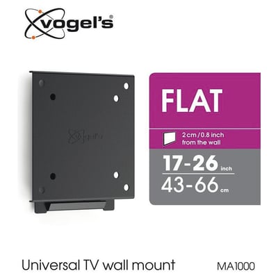 Vogels MA1000 universal fladt vægbeslag til TV 17-26 tommer (43-66 cm), sort, vist med logo og VESA info.