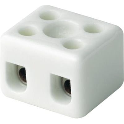 Hvid 2-polet porcelænskronemuffe til 16mm² ledninger med montagehul på hvid baggrund.