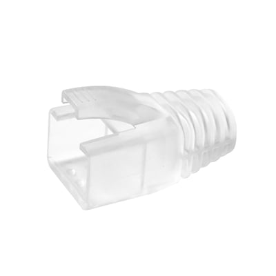 Nærbillede af en Simply45 aflaster til RJ45 stik, viser den gennemsigtige plastkonstruktion og design.