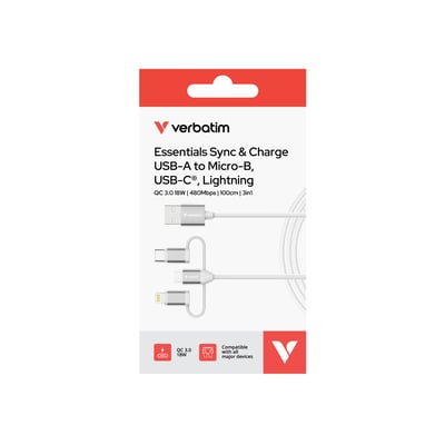Forsiden af emballagen til Verbatim Essentials 3-i-1 USB-A-ladekabel med Micro-B-, USB-C- og Lightning-stik.