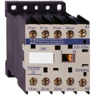 Schneider Electric TeSys kontaktor med 220-230V mærkning, 50/60Hz og skrueterminaler, vist på lys baggrund.