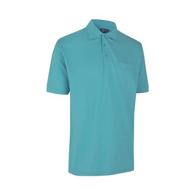 ID Identity poloshirt i støvet aqua, størrelse XS, med brystlomme og knaplukning, vist på hvid baggrund.