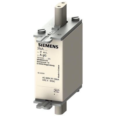 Siemens 3NA3 sikringselement NH000 med 50A mærkestrøm, gG karakteristik og 690V spænding, isoleret på hvid baggrund.