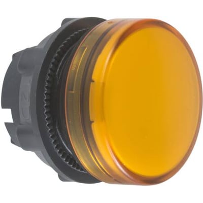 Schneider Electric Harmony XB5 lampehoved med Ø22 mm orange linse i plast, set fra siden med monteringsgevind.