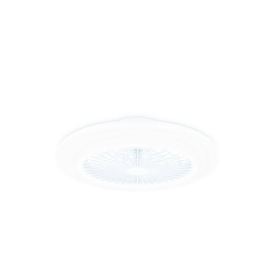 Frontvisning af Philips Lighting Amigo loftventilator i hvid plast, monteret på et hvidt loft med blæseren synlig.