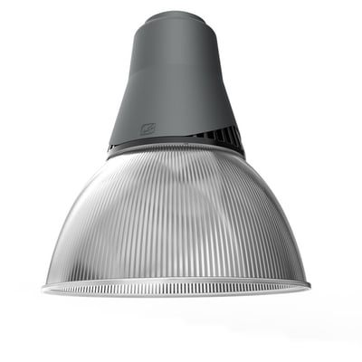 Ansell Lighting Deco HB1 PC pendel i mat grå med klar polycarbonat skærm, 40W, 4600lm, 3000K/4000K, IP20 DALI.