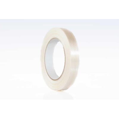 Roliba filamenttape, ligearmeret, klar, 19 mm bred, med 50 meter på rullen. Tapen er transparent med synlige armeringsfibre.