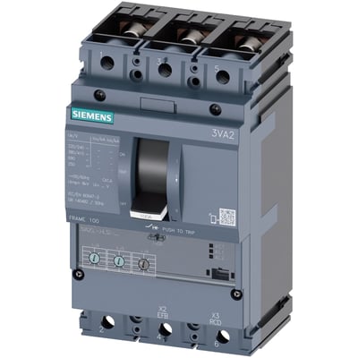 Siemens 3-pole maksimalafbryder 3VA22, 250A, med frontbetjent håndtag og tydelig mærkning af funktioner som Ue, Icu, og strømindstillinger.