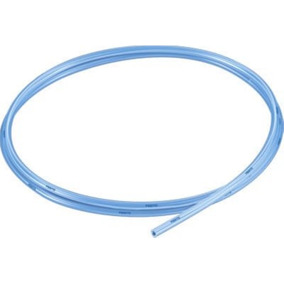 Festo PUN-H-12X2 trykluftslange i transparent blå, vist rullet op på hvid baggrund med synligt Festo logo.