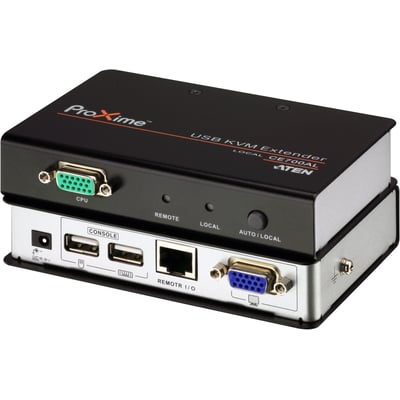 ATEN CE700A-AT-G systemforlænger til USB og VGA over Cat5, vist skråt forfra i sort og sølv.