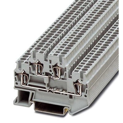 Tættere vinkel på Phoenix Contact STTB 2,5 etagefjederkraftklemme, der fremhæver de dobbelte etager og fjederklemmerne i grå plast.