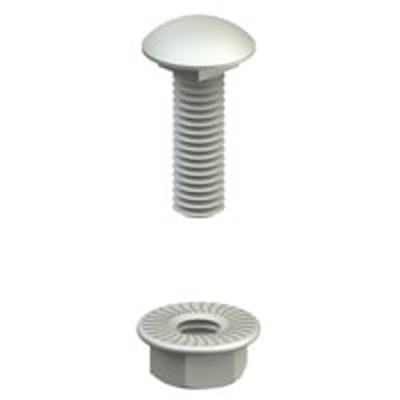 Separat bræddebolt M6 x 12 mm og flangemøtrik i galvaniseret stål på hvid baggrund.