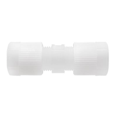 Serto PVDF union i hvid plast til 12/10 mm rør med gevind i begge ender for sikker forbindelse.