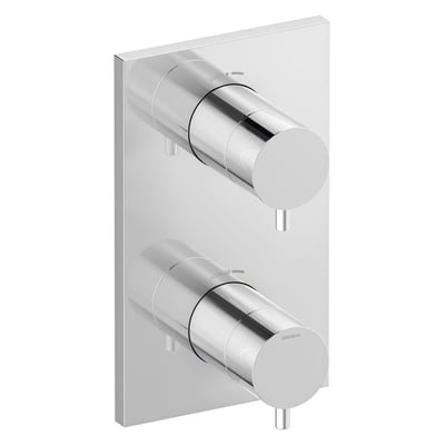 Damixa firkantet forplade til indbygningstermostat i krom med to greb og synlig temperaturindikator på 38 grader.