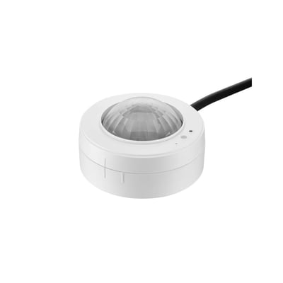 Philips Lighting Interact trådløs multisensor i hvid med rund, facetteret sensorlinse og tilsluttet kabel.