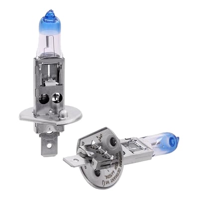 OSRAM NIGHT BREAKER LASER H1 forlygtepærer, 55W, 12V med P14.5S fatning, vist sammen på hvid baggrund.