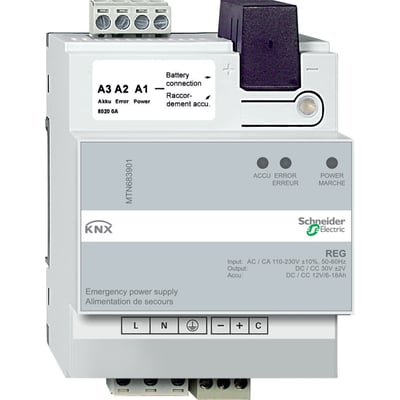 Schneider Electric nødstrømsforsyning til DIN skinne montering med tydelige mærker for A3, A2, A1, Accu, Error og Power.