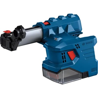 Detaljeret vinkel af Bosch GDE 18V-12 støvsugermodul, fremhæver Bosch logoet og mærkningen for HEPA filter.