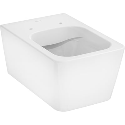 Hansgrohe EluPura Q hængetoilet i hvidt porcelæn, vist fra en vinkel, der fremhæver den rene, væghængte design uden skyllekant.