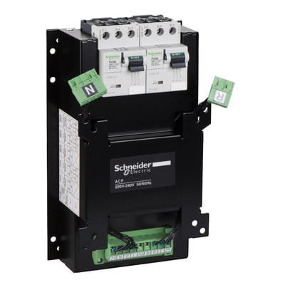 Schneider Electric ACP styreenhed med 380-415V forsyning, monteret på sort metalplade med grønne N- og R-terminaler og tilslutningsskruer.