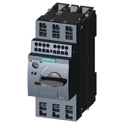 Siemens SIRIUS 3RV2 motorværn i størrelse S00 med sort og grå front, drejehåndtag og terminaler.