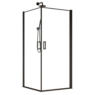 Brasta Viktorija firkantet hjørnesvingdør i sort med klart glas, 90x90x200 cm, vist med brusehoved og håndbruser.