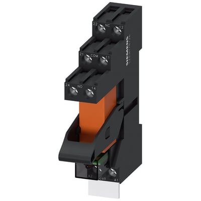 Siemens RT4 stikbensrelæ med 2CO kontakter, 115V AC, og rød LED statusindikator vist fra siden.