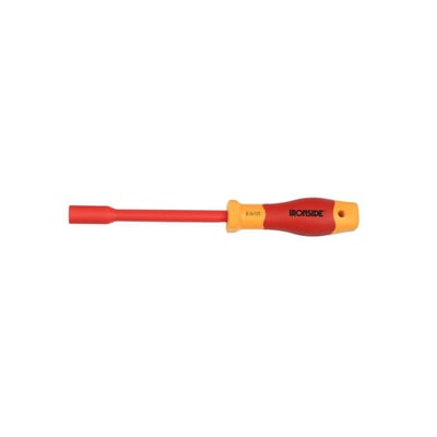 Ironside VDE-topskruetrækker på 8 mm med rødt skaft og rødt og orange greb, set fra siden.