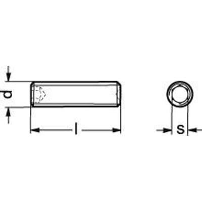 Teknisk tegning af M5x5 sort pinolskrue ISO 4029 med mål for længde (l), diameter (d) og indvendig sekskant (S).