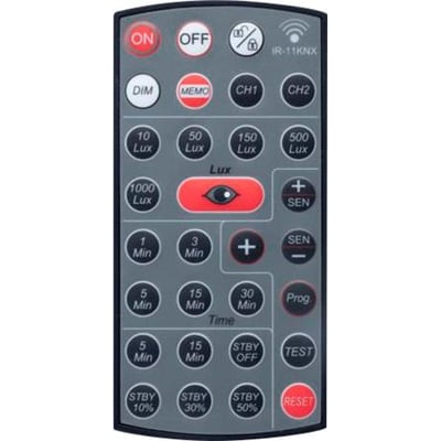 Niko IR-fjernbetjening til KNX 16M sensor, med tydeligt markerede knapper til ON/OFF, DIM, MEMO, kanaler og lysstyrke.