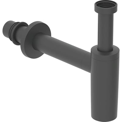 Geberit pungvandlås i mat sort ABS plast med 32mm rør og 1 1/4" afløb, vist med vandret udløb og flangedetalje.