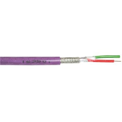 Violet Profibus L2 buskabel med afskærmning og tydelige røde og grønne ledere indeni. Der ses print på kablet.