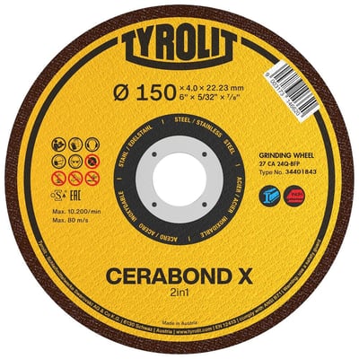 Tyrolit CERABOND X skrubskive 150x4x22,23mm med gul baggrund, viser specifikationer og symboler for brug til stål og rustfrit stål.