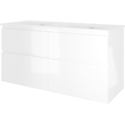 Sanibell Proline møbelsæt i hvid højglans med 4 softclose skuffer, 121x46cm, set fra højre side.