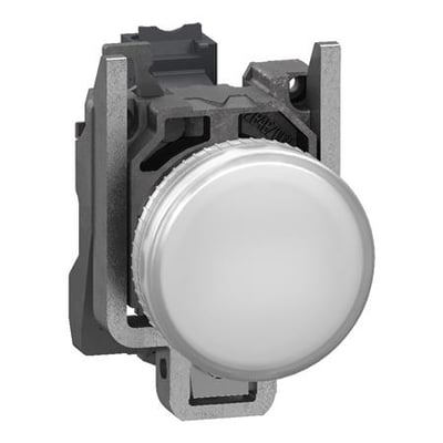 Schneider Electric komplet signallampe i metal med hvid LED og push-in klemmer, vist med 24VAC/DC.