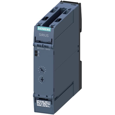 Siemens SIRIUS 3RP25 tidsrelæ med 2 skiftekontakter og 12-240V AC/DC driftspænding, vist fra siden med tydelig modelbetegnelse.