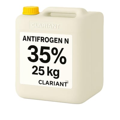Beholder med gul lås og synlig side, fyldt med Clariant Antifrogen N glykol på 35 %, 25 kg.
