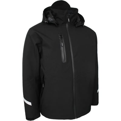 Sort Lyngsøe Rainwear vinterjakke i full stretch, størrelse M, set forfra med hætte, lynlåslommer og refleksstriber.