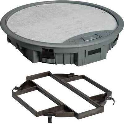 Schneider Electric komplet gulvboks UFB-800 med monteringsramme og montageplade, rund med en diameter på 329 mm i grå PC/ABS.