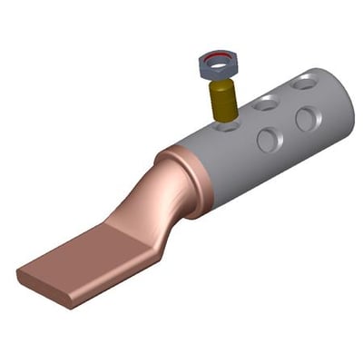 Elpress skruekabelsko SL630R-1 til 500-630mm² kabler, med vendbar knækbolt og tilslutningshul på hvid baggrund.