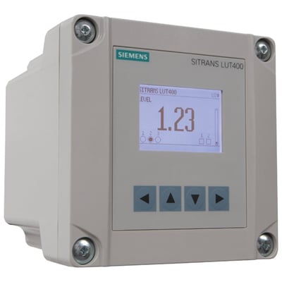 Siemens SITRANS LUT400 ultralydskontrol med eksternt display, måler niveauet 1.23, med fire navigationsknapper på en beige kasse.