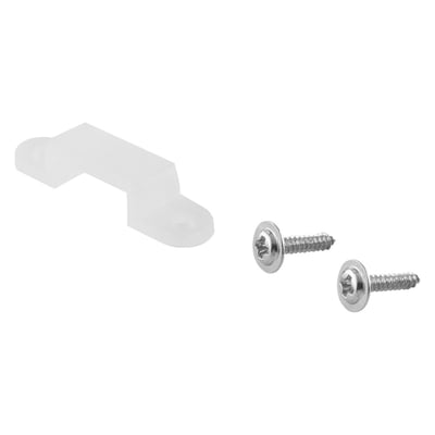 Ledvance monteringsbeslag i klar plast med to skruer, designet til 10 mm bånd og IP67-klassificering.