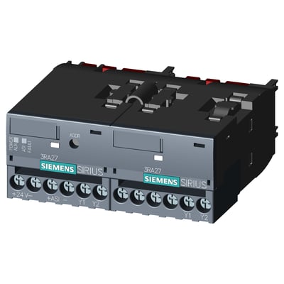 Siemens AS-i-funktionsmodul 3RA2712-1BA00 med vendestart og skruetilslutninger, set skråt forfra.
