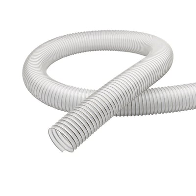 Transparent Master PUR 'l food udsugningsslange med rustfri stålspiral på hvid baggrund, diameter 127 mm.