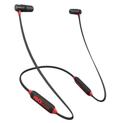 ISOtunes XTRA 2.0 red EN352 høreværn med detaljeret logo og SAFE MAX teknologi vist på et isoleret billede.