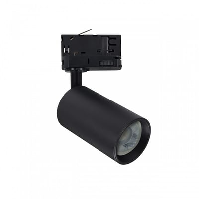 Sort GU10-skinnespot fra SpectrumLED med 6 W Dimtowarm-pære, vist skråt forfra med 3-faset skinneadapter.
