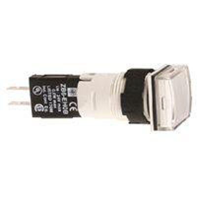 Schneider Electric kvadratisk lampe XB6CV1BB med hvid frontring og 16 mm diameter, vist med tilslutningsstik.
