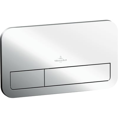 Villeroy & Boch ViConnect E200 betjeningsplade i blank krom med afrundede hjørner og to skylleknapper, set skråt forfra.