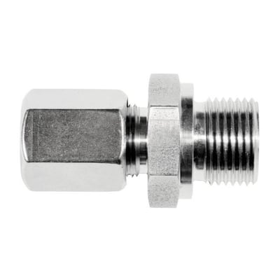 Syrefast union i metal med 12 mm rørkobling og 1/2'' udvendig gevind, Serto fitting, isoleret på hvid baggrund.