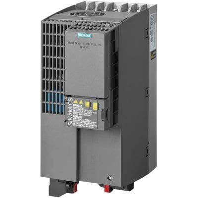 Siemens SINAMICS G120C frekvensomformer med effekt på 18,5kW, 3-faset, grå kabinet med tydelige advarselsskilte.